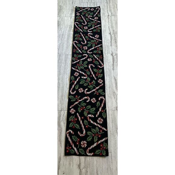 VTG Woven Black with Candy Canes and Holly Runner Tabletop Kitchen 12.5" x 69.5 - Picture 1 of 4